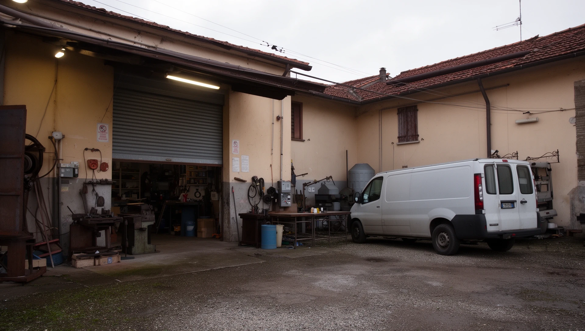 Cortile di un'officina meccanica bresciana al mattino
